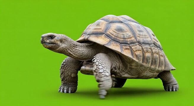 Majestic tortoise with detailed shell moves forward against a vibrant green background