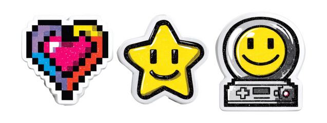 Colorful Retro Icons of Heart, Star, and Smiley for Creative Projects