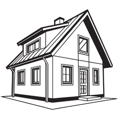 Black and white line drawing of a modern detached house with a dormer window