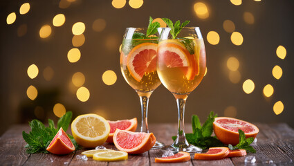 Two elegant glasses with refreshing cocktail of citrus slices and mint on wooden table with festive glowing bokeh lights in background