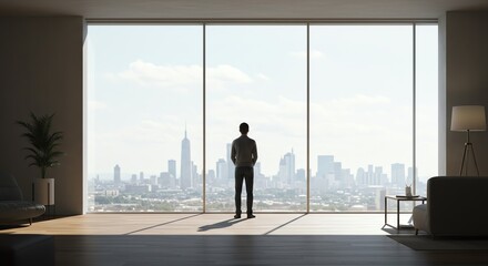 Fototapeta premium Man standing looking at city skyline view