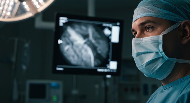 Surgeon examining heart scan in operating room
