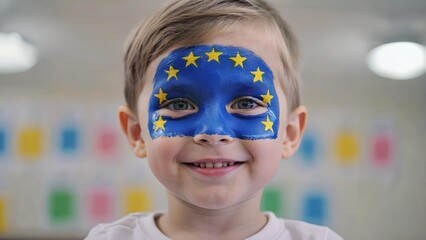 Smiling child with European Union flag face paint on face, close up portrait of young boy with EU stars painted on blue background, concept of Europe unity, kids festival and cultural celebration