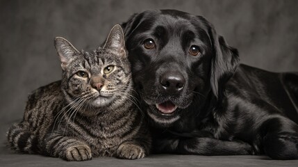 Black Labrador and Tabby Cat Closeup Portrait