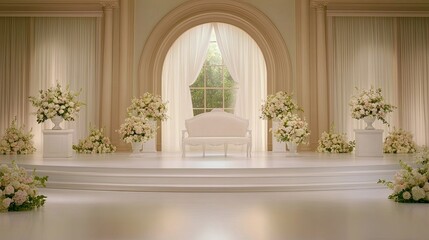 A minimalist floral installation enhances a wedding ceremony space, featuring sunlight illuminating white flowers on plinths near a beautifully arched window