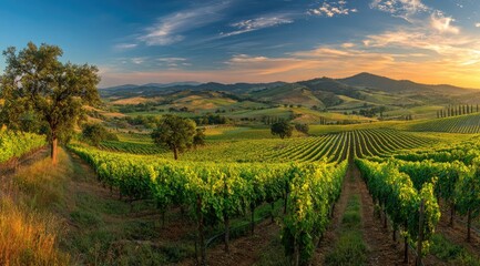 Naklejka premium Panoramic vineyard landscape at sunset. Lush green vineyards stretch across rolling hills under a vibrant sky at golden hour