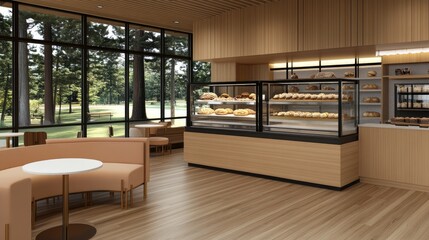 This minimalist pastry shop features light wood walls and peach leather seating, complemented by elegant square sconces and pastel French cakes showcased in a glass display case