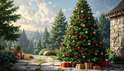 Christmas tree in a garden setting