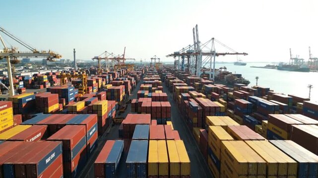 Massive container ship yard bustling with global trade activity cranes loading cargo ships at dawn