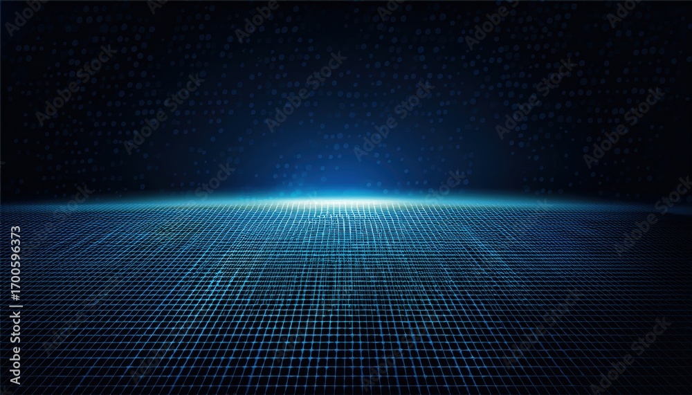 Sticker futuristic blue digital grid illuminated by glowing light at horizon creating a sci-fi abstract envi