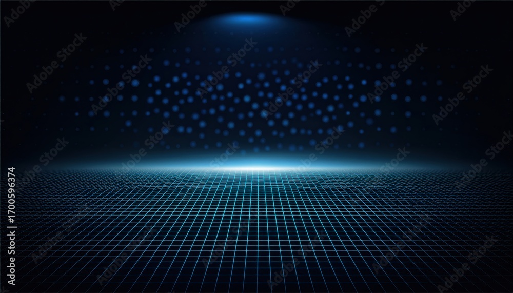Wall mural futuristic blue digital grid illuminated by glowing light at horizon creating a sci-fi abstract envi