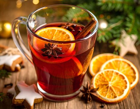 Warmer Gl&uuml;hwein mit Anis und Orangenscheibe