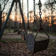 Rusty old park swings at sunset, a nostalgic and melancholic image evoking feelings of loneliness and memory.