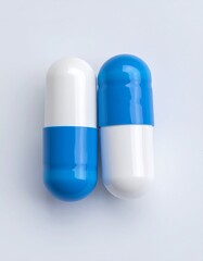 Two white and blue medicine capsules