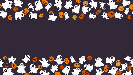 Frame banner template seamless horizontal with white ghosts and pumpkin on dark purple background. Happy Halloween