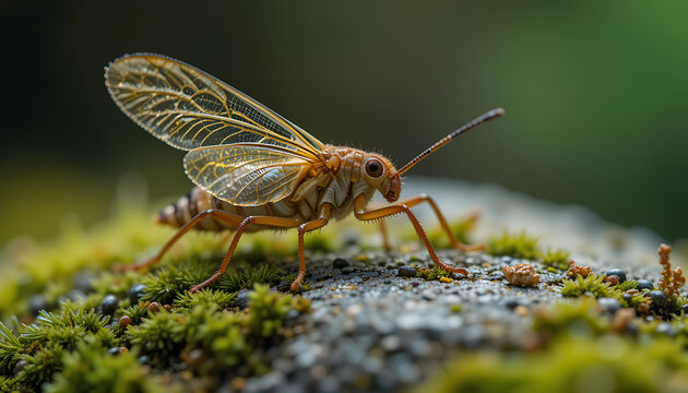 A delicate lacewing insect with intricate, transparent wings rests on a mosscovered rock, its antennae extended