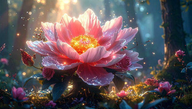 Ethereal pink flower blooming in a magical sunlit forest with sparkling light and a dreamy