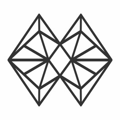 A symmetrical geometric abstract design formed by interconnected diamond shapes and triangular facets, rendered in a minimalist dark outline on a white background.
