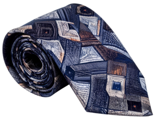 Textured geometric pattern silk tie rolled up isolated on transparent background.