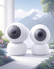 Two white security cameras