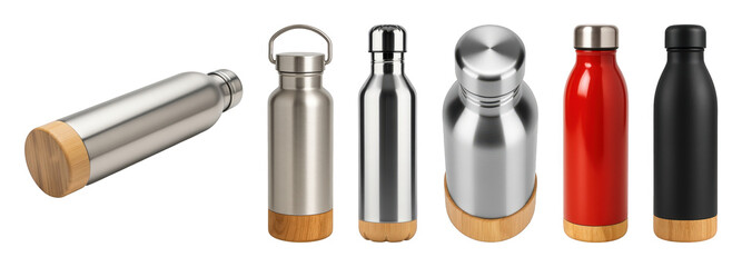 Reusable water bottle set including stainless steel, red, and black variations with bamboo base isolated. Hydration, sport, and travel collection.