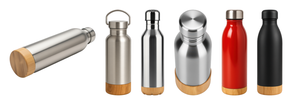 Reusable water bottle set including stainless steel, red, and black variations with bamboo base isolated. Hydration, sport, and travel collection.
