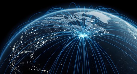 A representation of a connected world showing network lines all over the globe