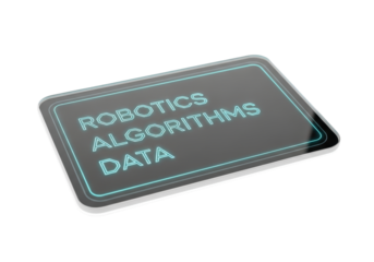 Luminous, translucent screen displaying glowing turquoise digital article fragment, futuristic text, transparent background, copy space, concept of cutting-edge technology