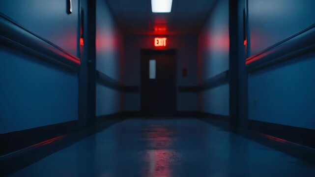 Long Blue Hallway with red exit sign and emergency lighting