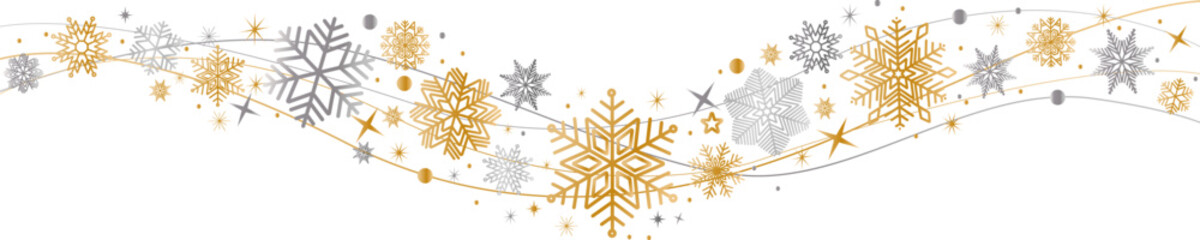 Snowflakes border in wave shape . Golden and silver snowflakes with stars border . Beautiful snowflakes wave vector . Christmas decoration .	