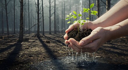 A seedling being nurtured with care in hands, with a forest in the background, symbolizes renewal and environmental protection.