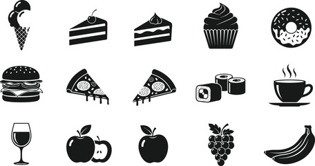 Food and drink icon set, includes pizza, burger, sushi, cake, ice cream, fruit, coffee, wine, donut, cupcake