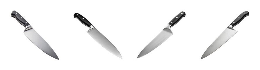 Obraz premium Set of four sharp professional chef's knives, isolated on black background, ideal for culinary concepts, PNG set, transparent background