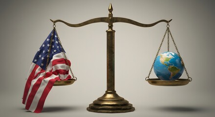 A symbolic representation of the balance between the USA and the world, symbolized by a scale. The scene captures the essence of global perspective and the complexities of international affairs.