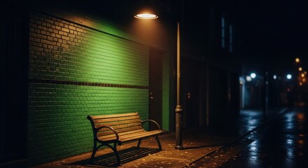 Lonely wooden bench under streetlamp on a dark rainy night