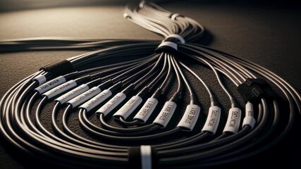 Fiberoptic cable harnesses meticulously laid out and labeled for frontofhouse audio routing demonstrating professional live music setup standards.