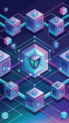Fototapeta premium Abstract isometric illustration of data security and network connectivity with digital cubes and shield symbol.