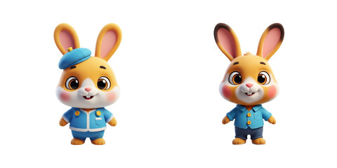 Cartoon bunny characters with expressive eyes, playful poses, cheerful clothing, cute rabbit cartoon designs, whimsical animal artwork, and charming animated illustration