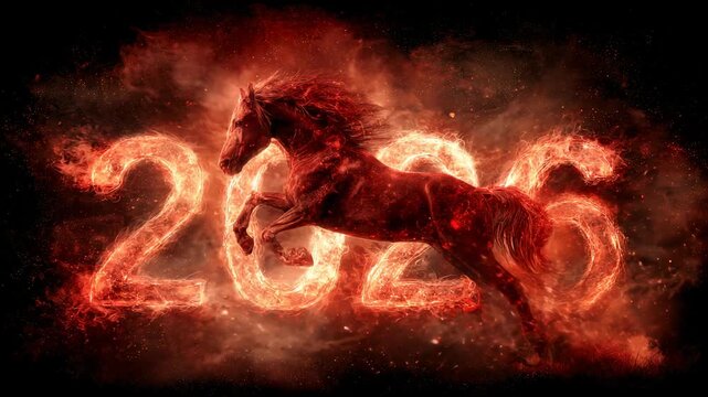 Fiery 2026 inscription with silhouette of a Red Horse, bright symbol of the upcoming Year of the Fire Horse. Greeting card