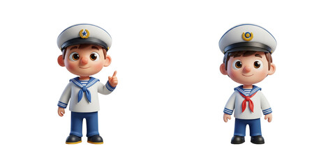 Cartoon sailor characters in white hats and blue uniforms, expressive poses, cheerful faces, playful navy cartoon artwork, and whimsical maritime illustration design