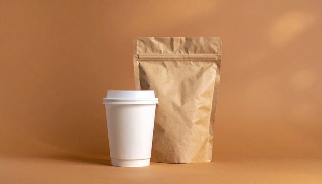 Paper coffee cup and brown kraft bag standing on a beige surface, showcasing sustainable packaging options for takeaway beverages and snacks, minimalist and ecofriendly.