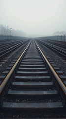 Fototapeta premium Railway Tracks in Foggy Landscape Transportation Infrastructure Scenic View Urban Environment Logistics Perspective