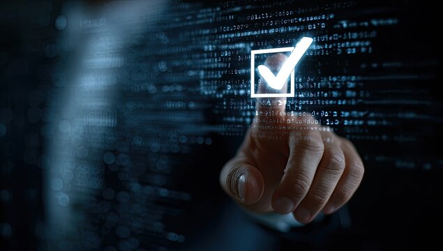A hand presses a checkmark on a digital interface