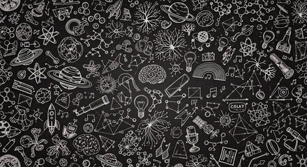 Exploring Science A Detailed Black Background with Numerous Scientific Symbols and Elements