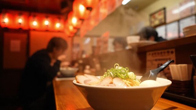 Steaming bowl of delicious ramen with pork, eggs, and scallions in a cozy Japanese restaurant setting