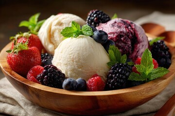 Fresh scoops of vanilla and blueberry-blackberry ice cream, nestled amongst assorted berries and mint leaves, in a wooden bowl