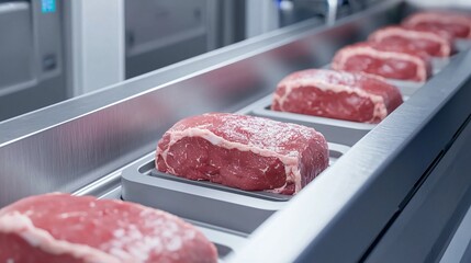 Wide panoramic drone shot of industrial-scale cultured meat factory with robotic systems.