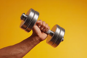 A hand holding a dumbbell against a bright yellow background