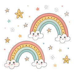 Whimsical rainbows and stars on a dark night sky