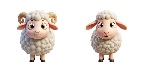 Fototapeta premium Cartoon sheep characters with fluffy coats, expressive eyes, pink cheeks, curled horns on the ram, smoother wool on the ewe, cheerful faces, and playful cartoon farm animal designs